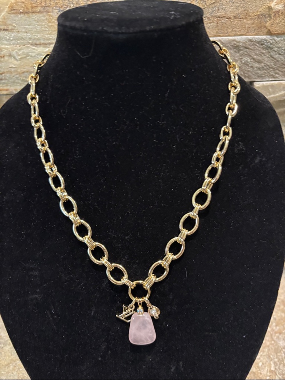 Gold Chain Necklace with Pink Rose Quartz Pendant & LV logo charm